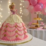 A beautifully decorated Barbie cake with a pink and gold fondant dress, displayed at a princess-themed birthday party with balloons and desserts in the background.