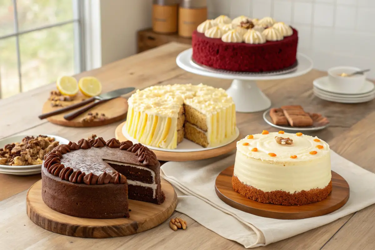 A beautiful assortment of cakes including chocolate, red velvet, lemon, and carrot cake, displayed on a rustic wooden table with elegant plating.