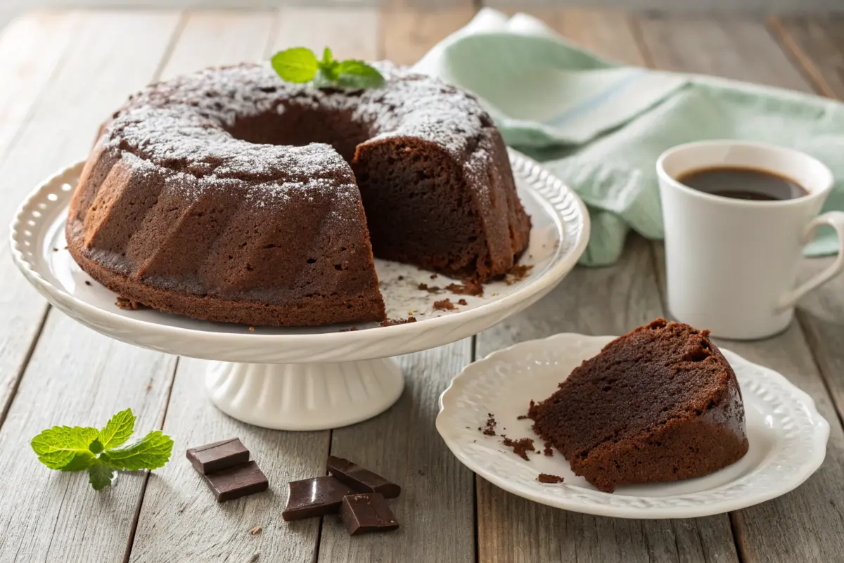 chocolate pound cake dusted with powdered sugar, served on a cake stand with a sliced piece on a plate, accompanied by a cup of coffee and chocolate pieces.