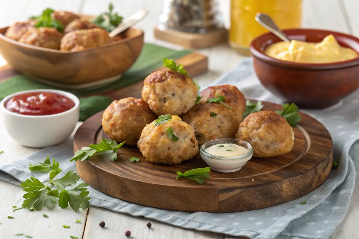 A wooden serving board with golden-brown sausage and cheese balls garnished with fresh parsley, accompanied by dipping sauces like ketchup and mustard, set on a rustic table.