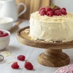 A beautifully decorated gluten-free white chocolate cake topped with fresh raspberries and white chocolate shavings, displayed on a wooden cake stand.