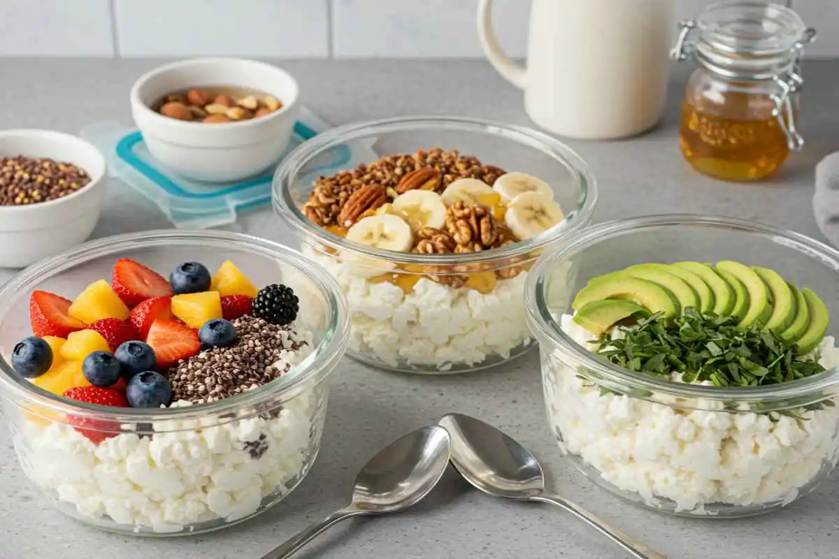 Three bowls of cottage cheese topped with different ingredients: one with fresh fruits and chia seeds, another with bananas, nuts, and honey, and the third with avocado and chopped greens, placed on a kitchen counter with spoons and additional ingredients in the background.