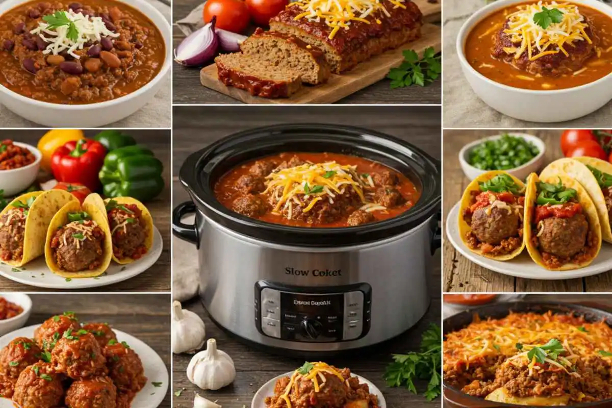 A collage of slow-cooked ground beef dishes, including chili, tacos, meatloaf, and stuffed bell peppers, with a crockpot in the center.
