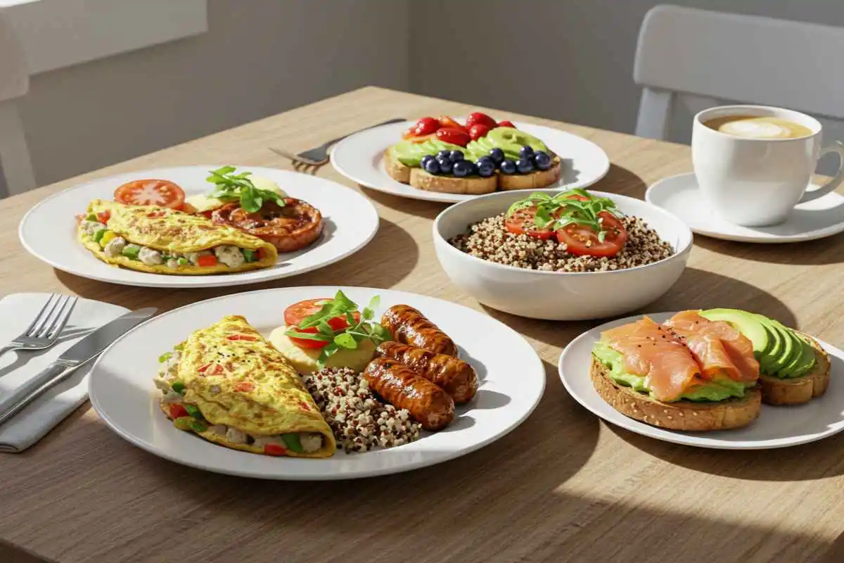 A delicious spread of healthy meat breakfast recipes, including turkey omelette, salmon avocado toast, and quinoa chicken bowl on a rustic breakfast table.
