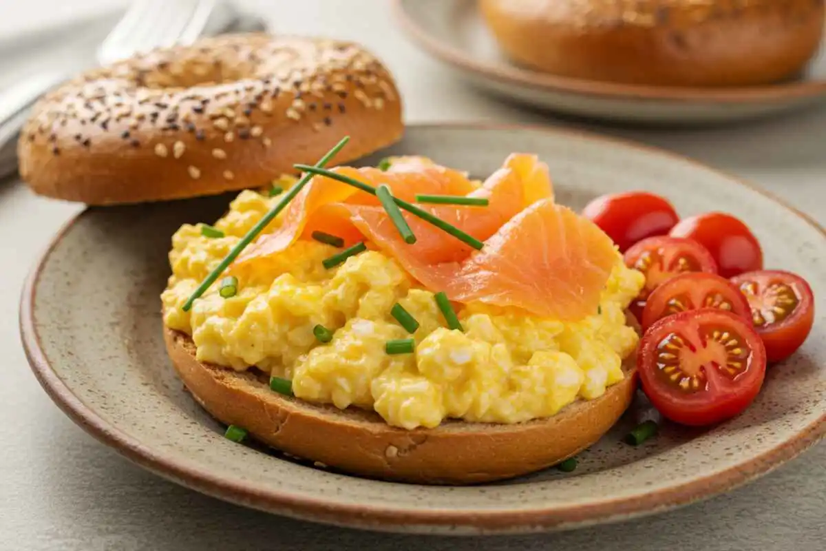 A plate of soft scrambled eggs with smoked salmon, garnished with chives, served with a toasted bagel and cherry tomatoes.